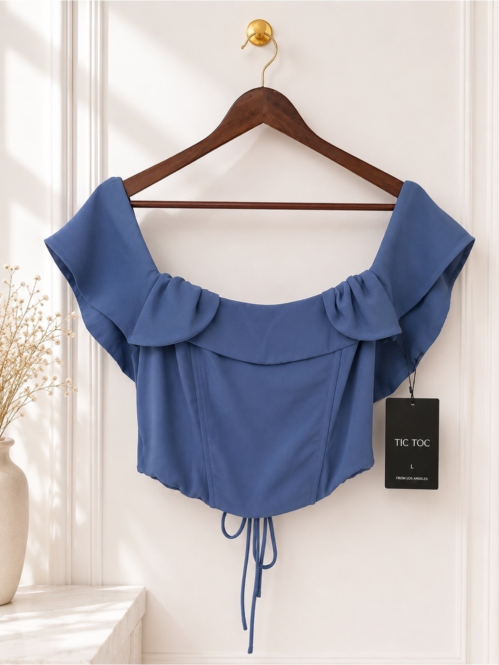 Tic Toc Blue Milkmaid Corset Top Ruffle Sleeve Lace Up Coquette Y2K Cottagecore